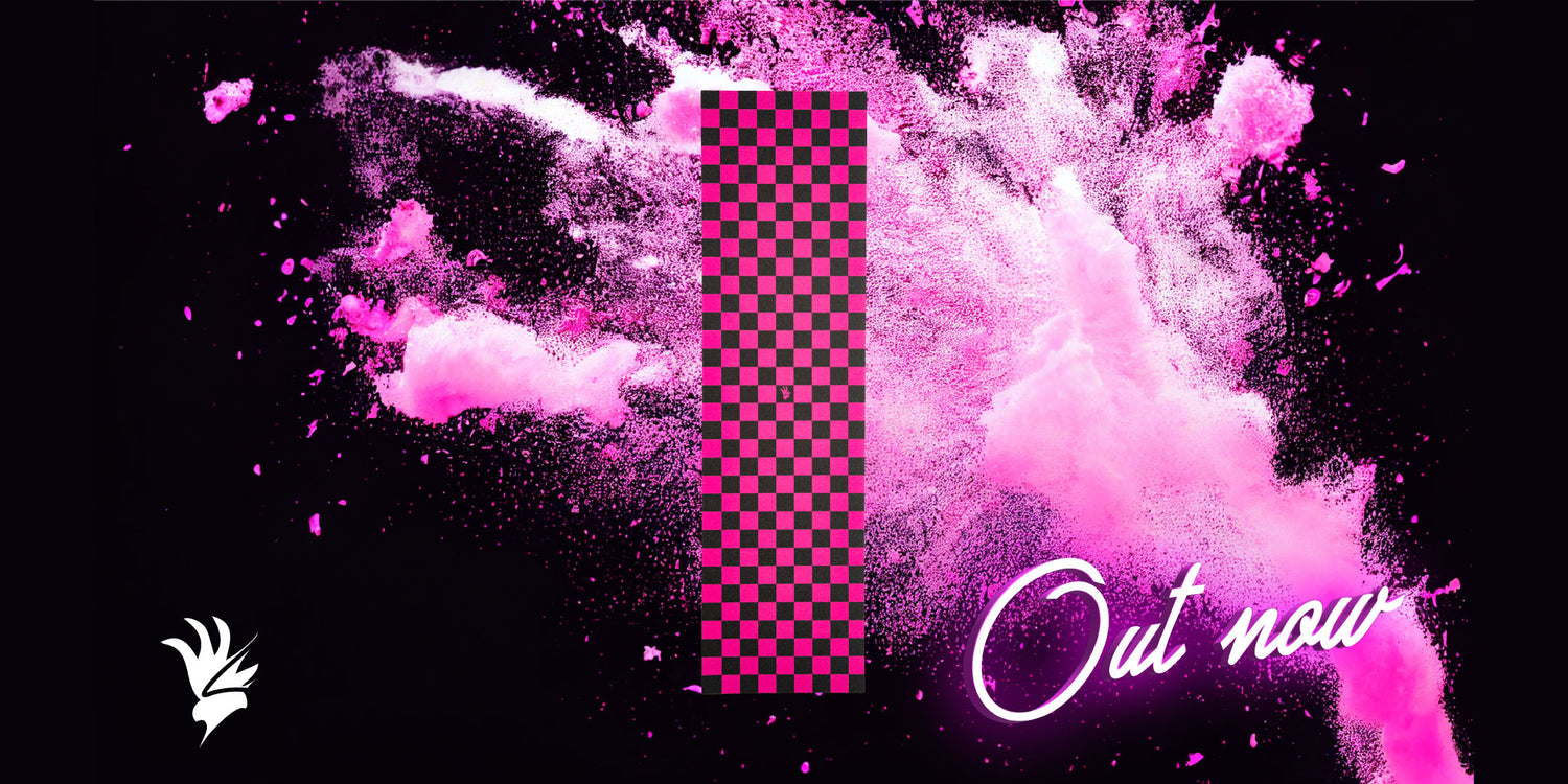 Larrikin Griptape Pink Checkers Grip, Out Now Banner, Australian Griptape Brand